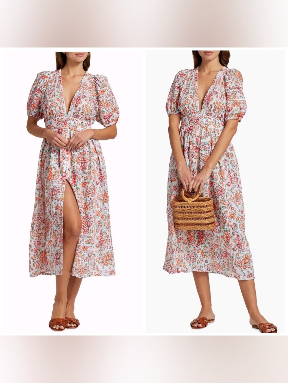 NWT Poupette St Barth Reine Floral Puff Sleeves Eyelet Midi Dress, Size Small